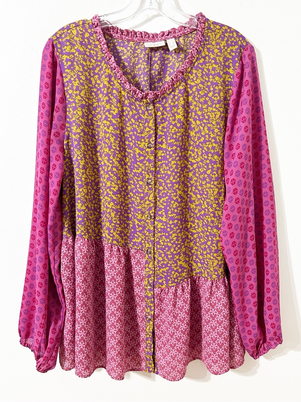 LOGO by Lori Goldstein Mixed Print Button Front Ruffle Neck Blouse Purple Pink